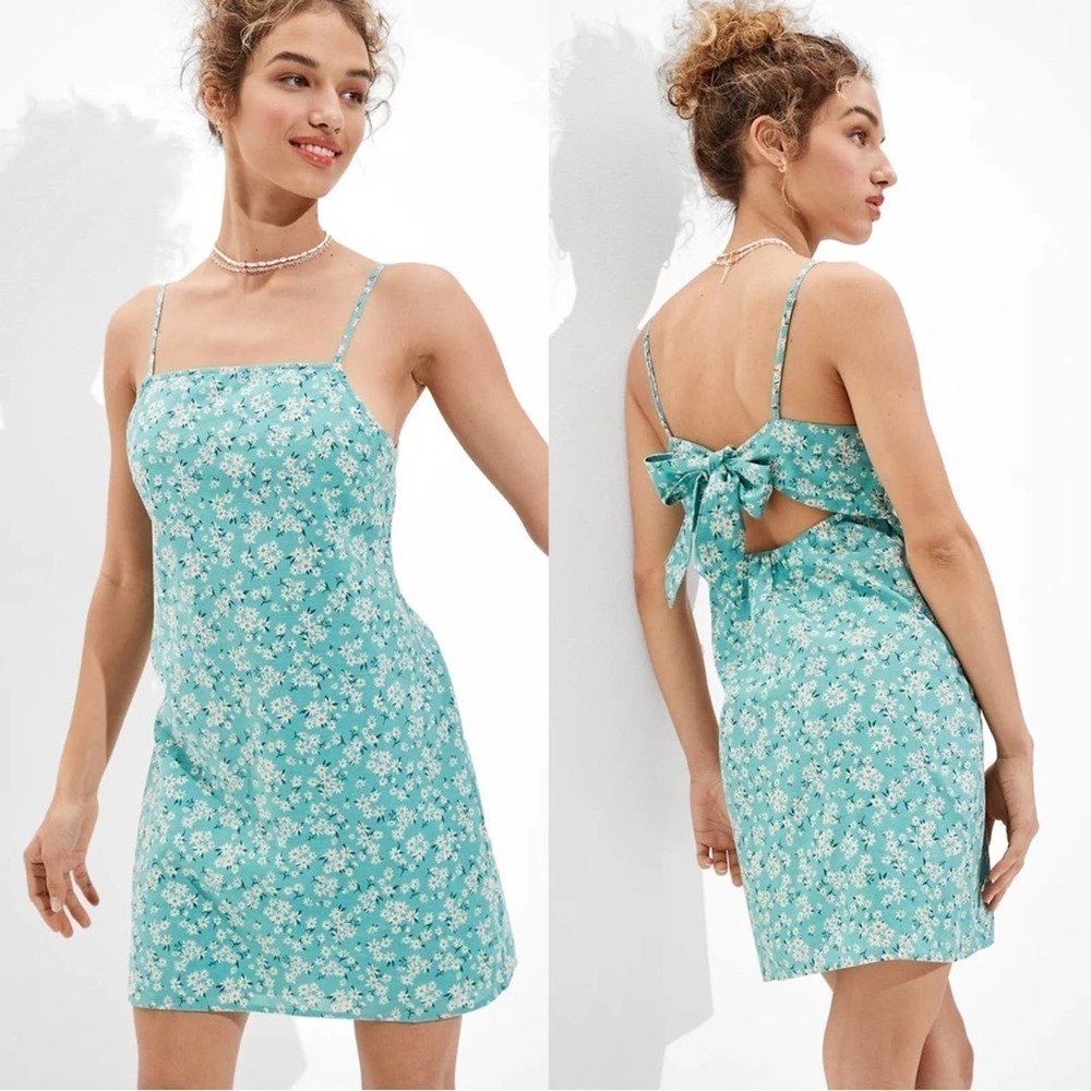 AE American Eagle Linen Blend Floral Tie Back Mini Dress in Mint, Size Small